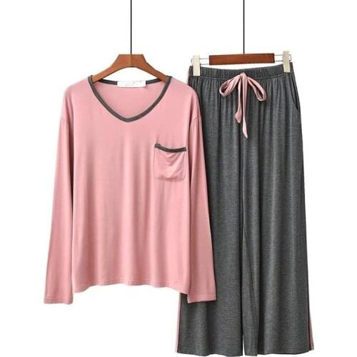 Spring Autumn Modal Womens Pajamas Long Sleeve V-neck Sports Korean Casual Multicolor Large Size Cotton Homewear Two-piece Set