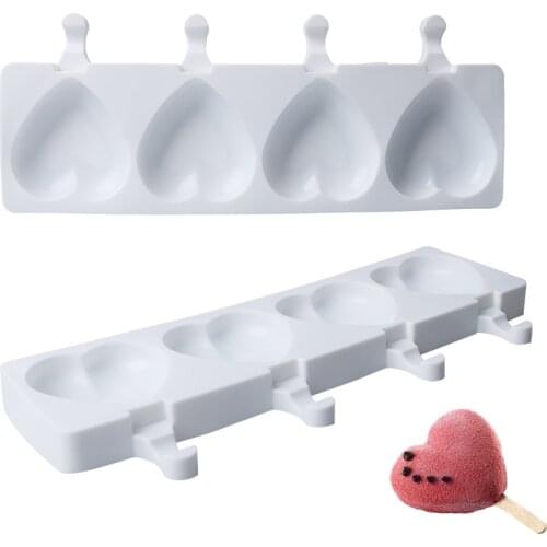 Silicone Ice Cream Molds 4 Cell heart shaped Tray Food Safe Popsicle Maker DIY Homemade Freezer Ice Lolly Mould Home Kitchen