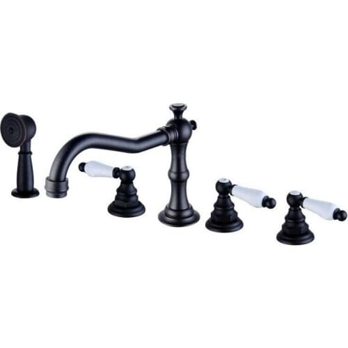 Black Oil Rubbed Brass Ceramic Handle Bathroom Bathtub Faucet Deck Mount 5 Holes Bath Mixer Taps with Handheld Shower ttf052