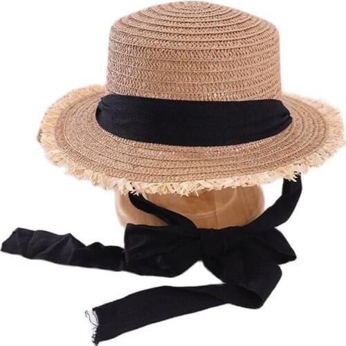 Korean Ribbon Lafite Fringed Parent-Child Sun Hat Spring Summer Brand Children Beach Straw Hat For Women Girl Flat Brim Cap