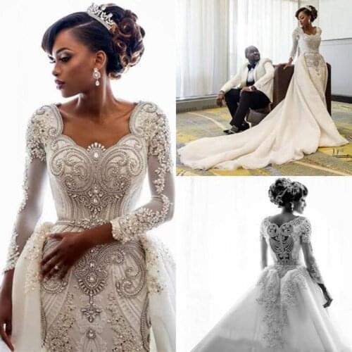 Dubai Arabic Mermaid Wedding Dresses Long Train Long Sleeves Beads Pearls Bridal Gowns Wedding Dress vestido de