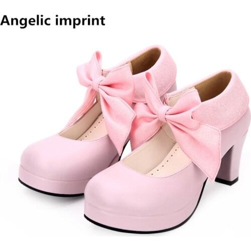 Angelic imprint handmade woman mori girl lolita cosplay shoes lady high heels pumps women princess dress party shoes 33-47 bows