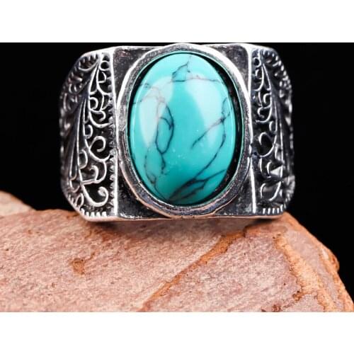 Vintage Silver Color Oval Turquoises Ring Antique Hallow out Wave Rings For Women Gothic Party Anniversary Retro Jewelry Gift
