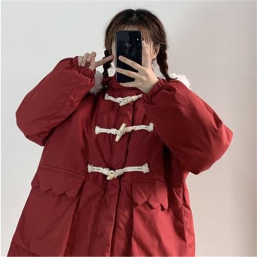 Red Winter Jacket Women 2021 Short Hooded Korean Coat Cotton Padded Jackets Autumn New Sweet Casual Fashion Coats Y453