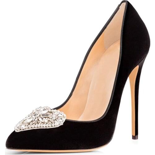 Womens Pumps Pointed Crystal Heart-shaped Fastener High-heeled Suede Single Shoes Black And White Thin Heels Ladies Shoe Sandal