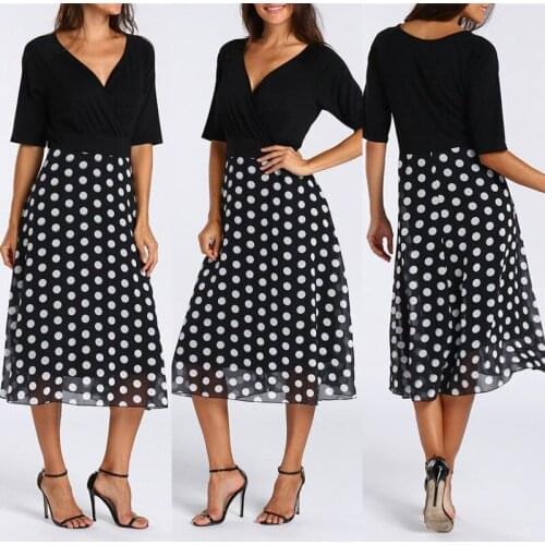2021 Summer Fashion Plus Size Half Length V Neck Polka Dot Large Swing Skirt Contrast Stitching Retro Sexy Fat Woman Dress