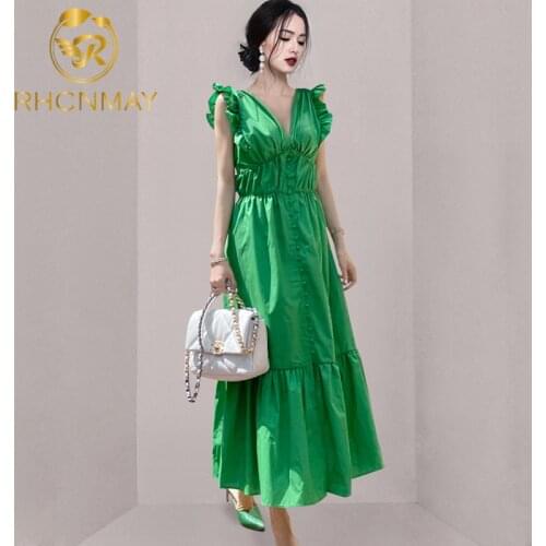 New Green Dress For Women V Neck Sleeveless High Waist A Line Mid Ruched Bandage Designer Dresses Females 2021 Clothing