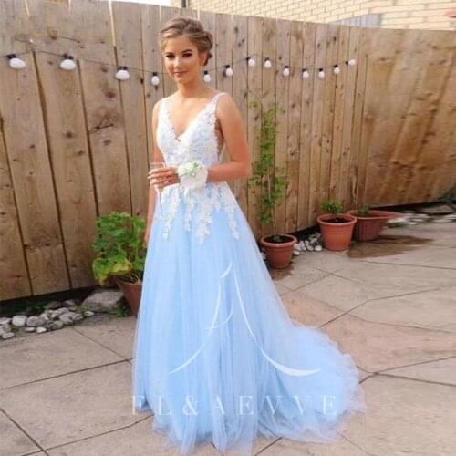 Fashion Sky Blue Tulle A-Line Evening Dresses White Appliques Deep V-neck Backless Prom Party Gowns Women Party Dress Plus Size