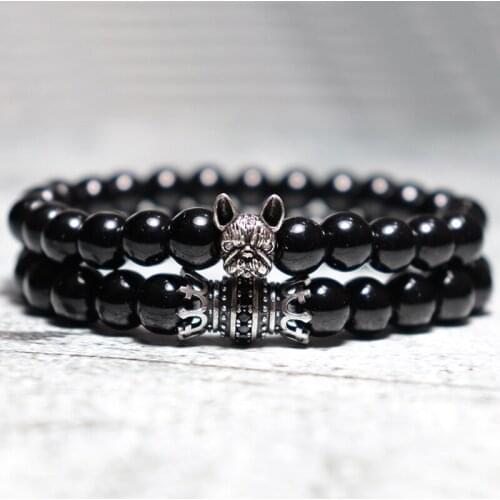 2pcs/Set Stone Bracelet Set Unisex Vintage French Bulldog Brazalete Distance Couple Pair Braslet Hand Jewelry Armband Joyas Gift