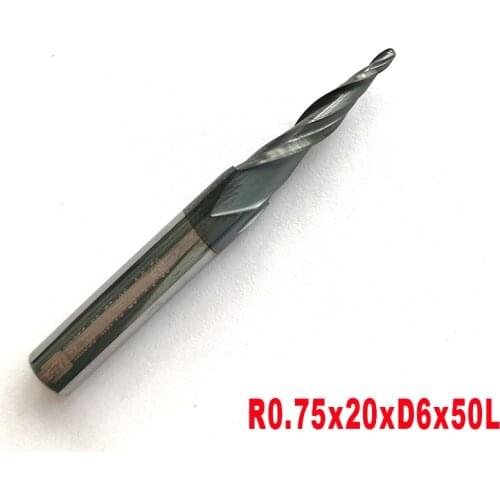 2pcs/lot R0.75*D6*20*50L*2F HRC55 Tungsten solid carbide Coated Tapered Ball Nose End Mills taper and cone milling cutter