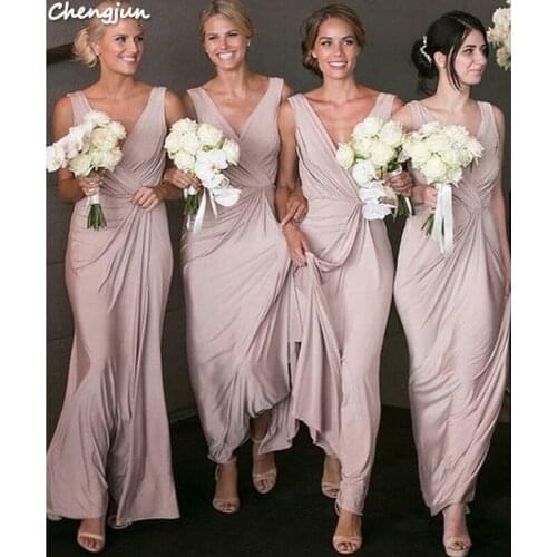 Chengjun Long Women Modern Traditional V Neck Girls Bridesmaid Dress
