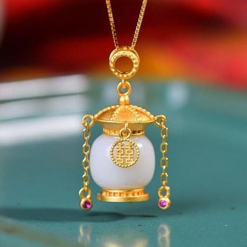 New ancient gold craftsmanship inlaid natural Hetian jade Kongming lamp pendant exquisite and elegant ladies necklace