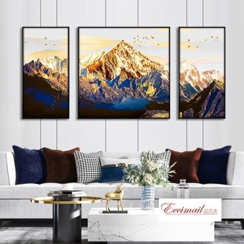 EECAMAIL DIY Diamond Painting Full Diamond Embroidery Sofa Background Wall Golden Mountain Triptych Backdrop Painting No Frame