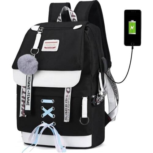 Canvas Usb School Bags for Girls Teenagers Backpack Women Bookbags Black 2019 Large Capacity Middle High College Teen Schoolbag