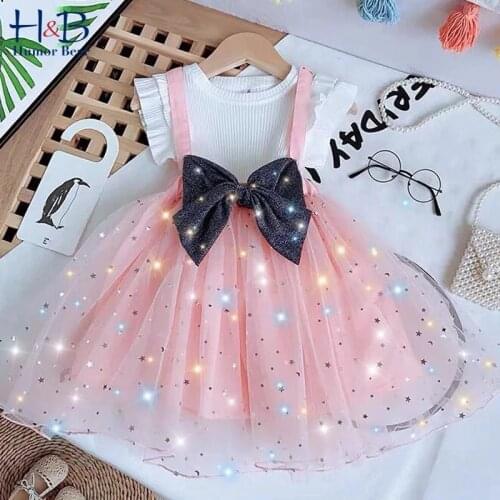 Humor Bear Baby Girls Clothing Set Summer Korean Flying Sleeve T-shirt+Suspender Skirt Bow Kids 2PCS Suit Toddler Girl Clothes