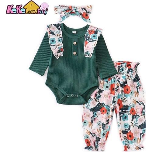 Newborn Infant Baby Girl Clothes Outfit Set Solid Knitting Romper Tops Floral Pants Headband Casual 3Pcs For New born Clothing