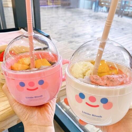 Creative plastic bowl with straws water bottle Instagram smile with lovely cap fruit salad bowl breakfast milk cup coffee cup