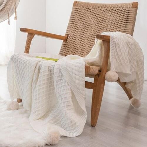 Cream White Blanket Sofa Diamond Knit Throw Blanket Soft PomPom Tassels Blanket Travel 130x160cm Home Chair Couch Bed 50"x62"