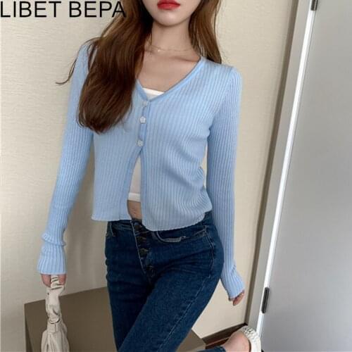 New 2021 Womens Sweaters Autumn 6 Colors V-Neck Sexy Korean Style Casual Short Buttons Cardigans Wild Lady Knitwears SWC4938