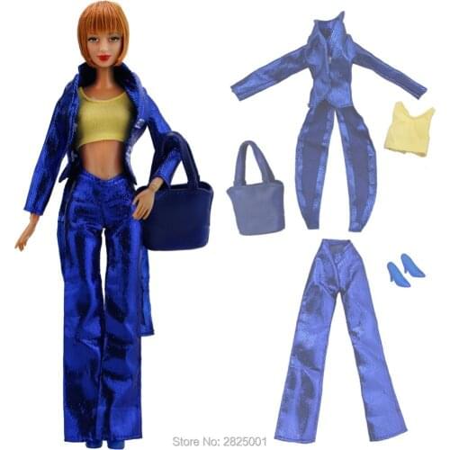 Fashion Party Wear Outfit Yellow Tops + Blue Tuxedo + Handbag + High Heels Shoes Clothes for Barbie Doll Accessories DIY Toy