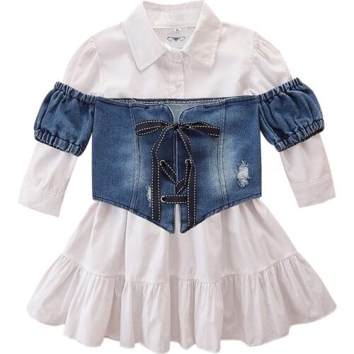 Citgeett Autumn Kids Girls Clothes Set Sweet Style Solid Color Lapel Long Sleeve Shirt Dress + Tie Up Denim Vest Clothes Set