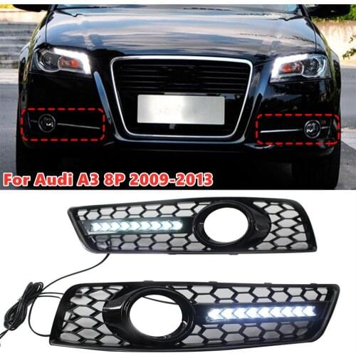 A Pair Car Front Fog Light Lamp Grille Cover Mesh Grill With Turn Signal Flowing LED Lamp DRL For Audi A3 8P 2009-2013