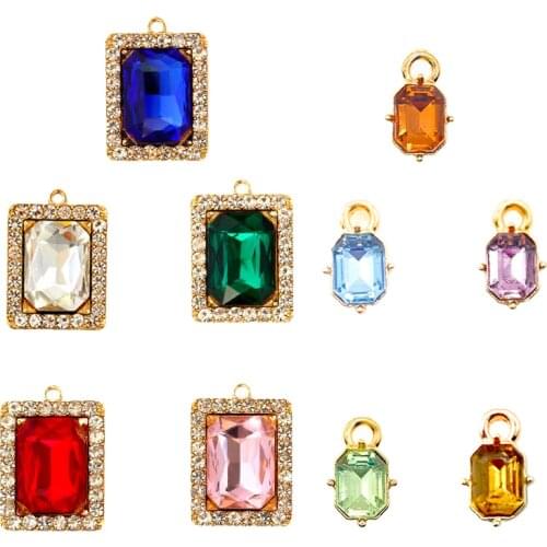 10Pcs Colorful Square Crystal Charms Trendy Shiny Rhinestone Pendant For Earring Necklace Making Supplies Jewelry DIY Component