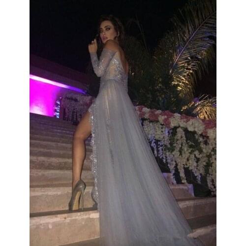 Stunning Gray Prom Dress 2019 A line Long Sleeve Tulle Party Evening Gowns Elegant Slit Applique Sexy Pageant Dress For Women