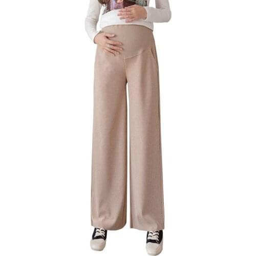 Straight Wide Leg Pants For Maternity Pregnant Women High Waist Casual Loose style Pregnancy Knitting pleated Trousers