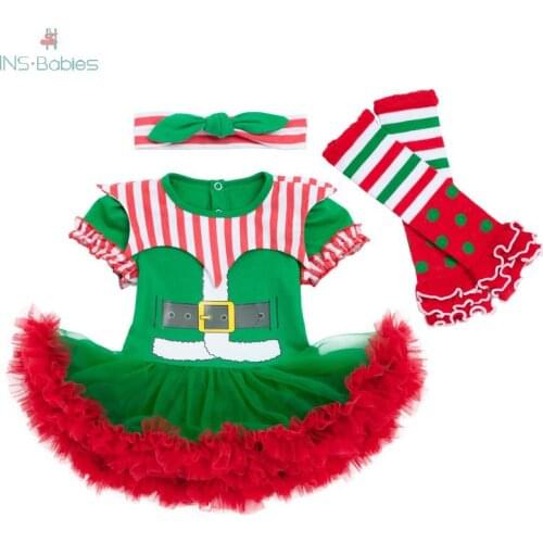 Christmas Baby Clothes Set for girls Short Sleeve boys clothing Green Lace Party Romper For Newborn Baby 0-18M 3pcs Outfits 2020