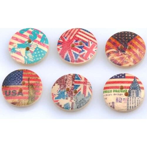 Mixed round Cute national flag Painted Wooden Sewing Buttons Scrapbooking For Craft 50pcs 20mm 2 hole 2017 New mt0965