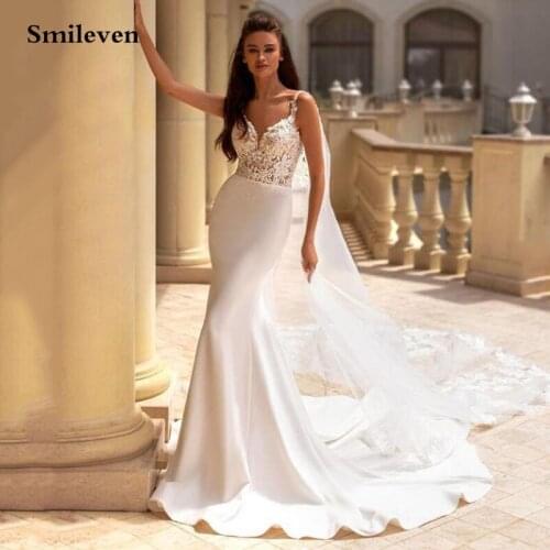 Smileven Lace Mermaid Wedding Dresses With Shawl Spaghetti Straps Soft Satin Bridal Gowns Sexy Backless Formal Wedding Pary Gown