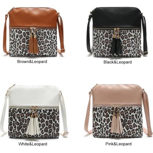 Retro Female Fashion Double Tassel Zipper Messenger Handbag PU Leather Women Leopard Crossbody Bag