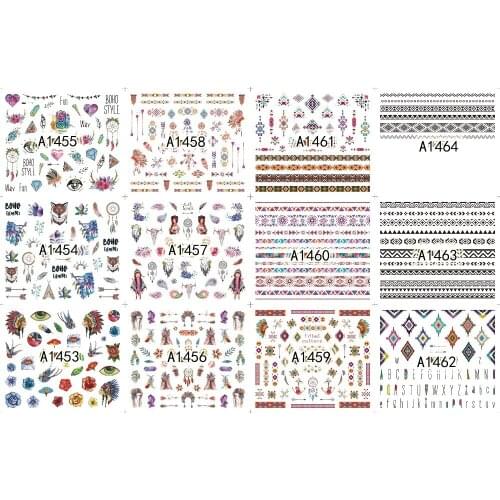 UPRETTEGO 12 PACKS / LOT NAIL ART BEAUTY WATER DECAL SLIDER NAIL CARTOON TRIBE INDIANA TASSEL WHEEL HEAD DRESS A1453-1464