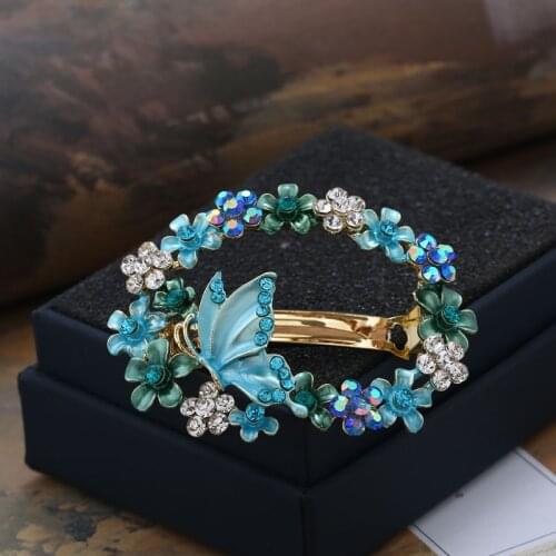 Women Fashion Rhinestone Butterfly Hair Clip Barrettes Retro Enamel Painting Flower Hair Accessories Jewelry