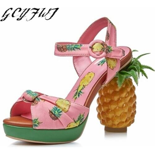 Women Sandals Pineapple High-heel Buckle Strappy And Pink Print Open-toe Platform High-heeled Summer Women Shoes Sandalias Mujer