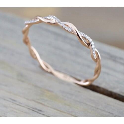 Women Thin Rose Gold Color Twist Rope Stacking CZ Wedding Rings Round Crystal Rings for Girls Jewelry Accessories New
