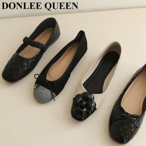 Autumn Flats Shoes Woman Brand Metal Buckle Round Toe Ballerina Comfortable Shallow Slip on Casual Ballet Embroidery Black Shoes