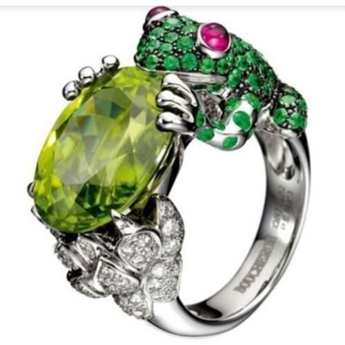2021 Hot Designer Frog Oval Olive Green Zircon Rings For Women Trendy Silver Color Female Jewelry Birthstone Accessories Gifts