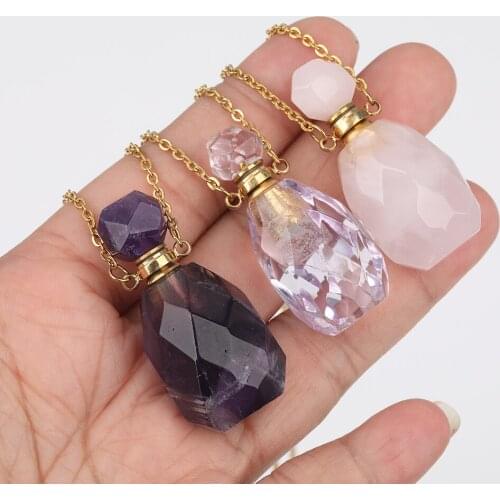 Natural Smoky Color Quartz Perfume Bottle Pendant Necklace For Women Stone Essential Oil Bottle Gold Chains Necklace DSS-265JBCE