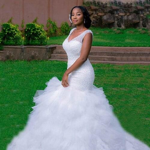 Luxury African Mermaid Wedding Dresses 2020 Beading V Neck Bridal Gowns Custom Made Black Women Girls Dress Vestidos De Novia