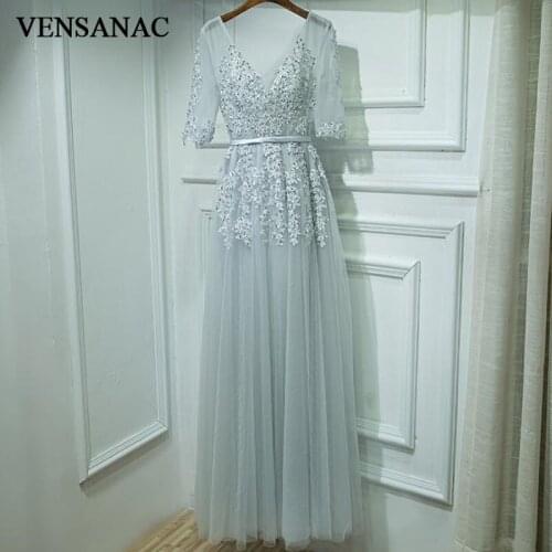 VENSANAC 2018 Sequined V Neck Lace Appliques A Line Long Evening Dresses Party Half Sleeve Pearls Sash Prom Gowns