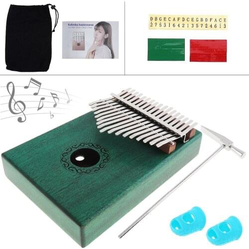 17 Key Green Kalimba Single Board Mahogany Thumb Piano Mbira Portable Mini Keyboard Instrument with Complete Accessories