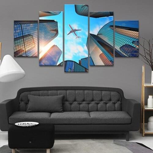 Canvas Decor Frame Modular Pictures 5 Pieces City Buildings Aircraft Blue Sky White Cloud Landscape Paintings Wall Art HD Prints