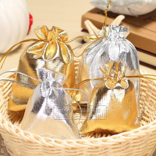 50Pcs/lot Jewelry Packing Gold Silver Gold Foil Cloth Adjustable Jewelry Packing Bags Party Candy Drawstring Wedding Gift Bags