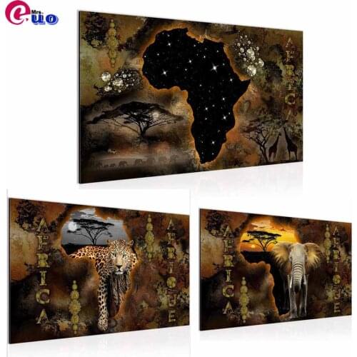 5D Diamond Embroidery Sunset African Elephant Leopard Tree Diamond Painting Full Round Drill Sale Nostalgic/Retro Pictures