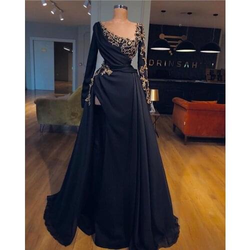 Black Long Chiffon Evening Dresses 2021 Long Sleeve High Split Side Gold Appliques Formal Evening Party Gown Robe De Soiree
