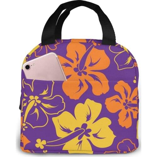Floral Hibiscus Pattern Cooler Bag Portable Zipper Thermal Lunch Bag Convenient Lunch Box Tote Food Bag
