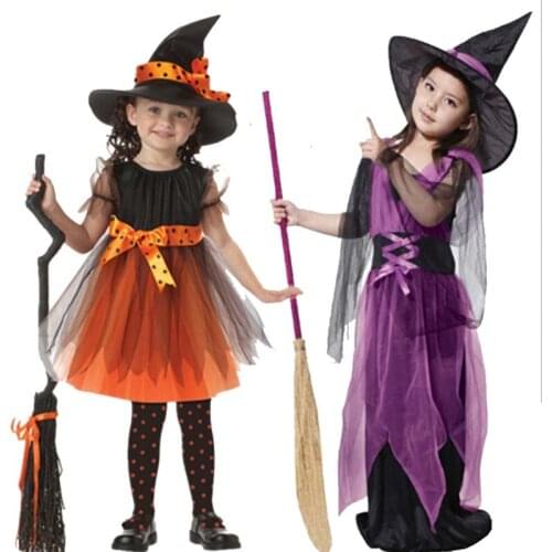 Children Kids Cosplay Witch Costume Girls Halloween Purim Carnival Party Mardi Gras Fantasia Fancy Dress Up Clothes With Hat