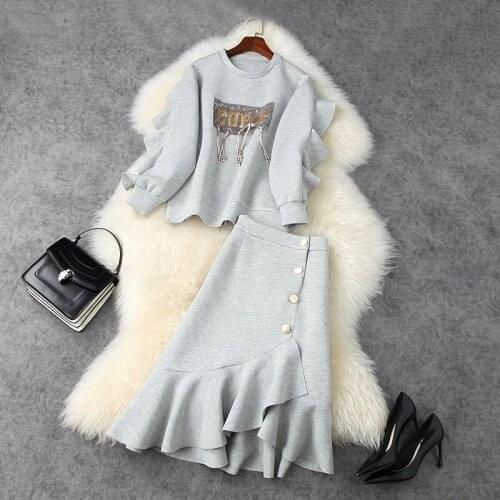 Two piece 2021 dress suit waist closing Ruffle casual sweater suit winter suit warm womens suit Asymmetric Casual skirt set